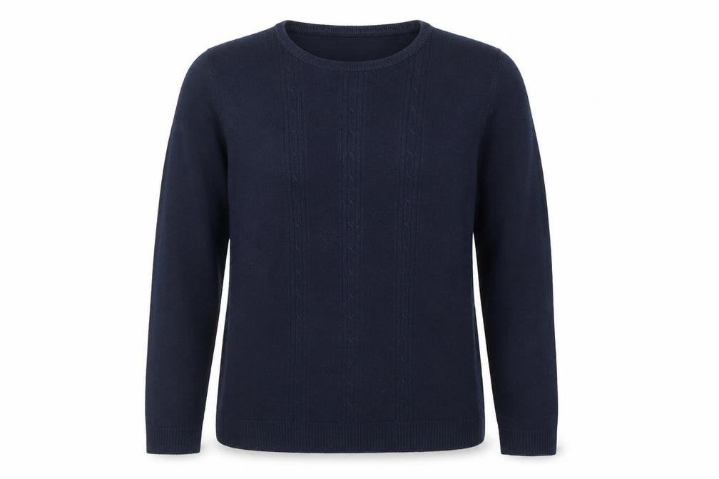 Front view of Pure & Natural women’s blue round neck acrylic jumper, size UK 14