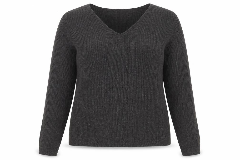 Front view of Marks & Spencer women’s grey v-neck acrylic jumper, size UK 16