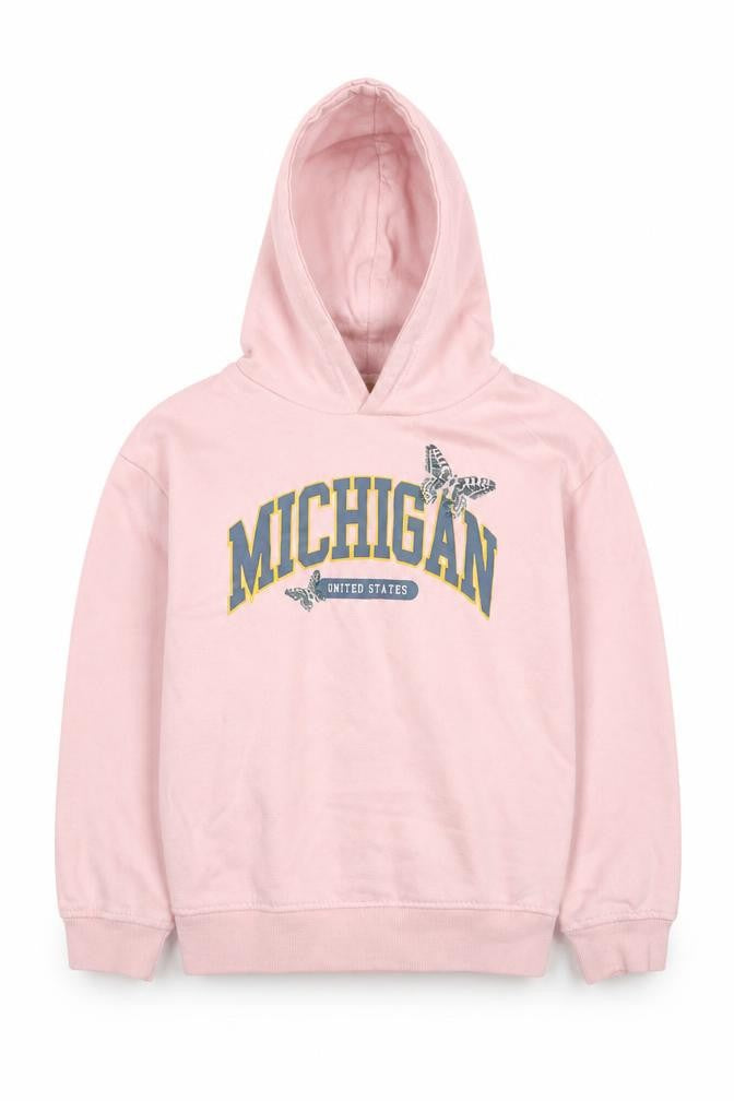 Front view of Primark boys’ pink cotton pullover hoodie, size 7-8, years pullover - michigan