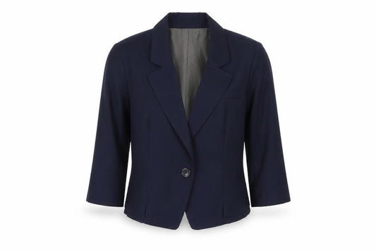 Front view of LUX. women’s blue polyester jacket blazer, size S