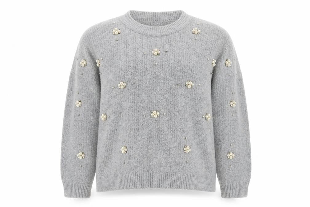 Front view of Peacocks women’s grey crew neck acrylic jumper, size M