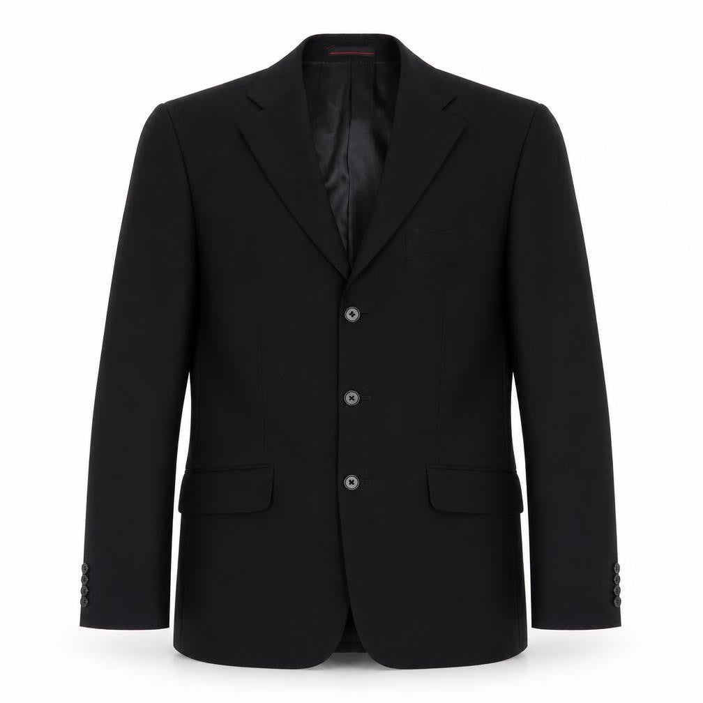 Front view of 1860 Menswear men’s black polyester jacket blazer, size 36