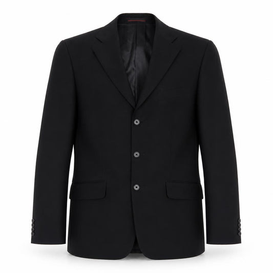 Front view of 1860 Menswear men’s black polyester jacket blazer, size 36