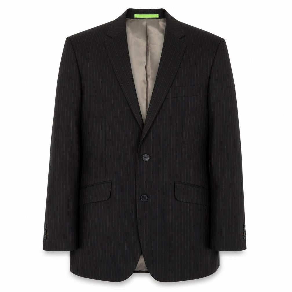 Front view of Limehaus men’s black striped polyester jacket blazer, size 38