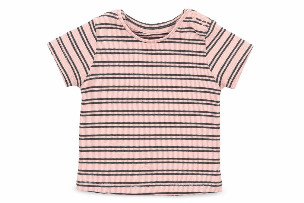 Front view of Primark girls’ pink striped cotton basic t-shirt, size 3-6, months round neck