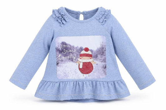 Front view of F&F girls’ blue polyester basic t-shirt, size 3-6, months round neck