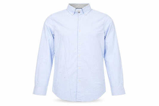 Front view of Next men’s blue polyester button-up, size 15, collared