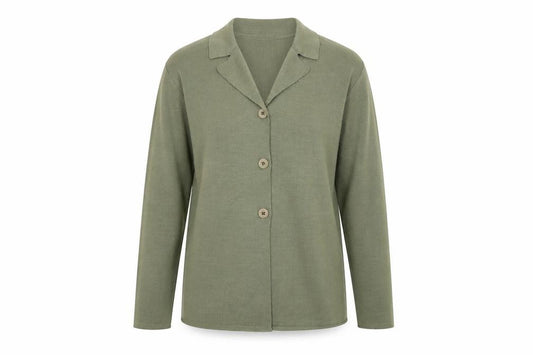 Front view of Preworn women’s green collared acrylic cardigan jumper, size M