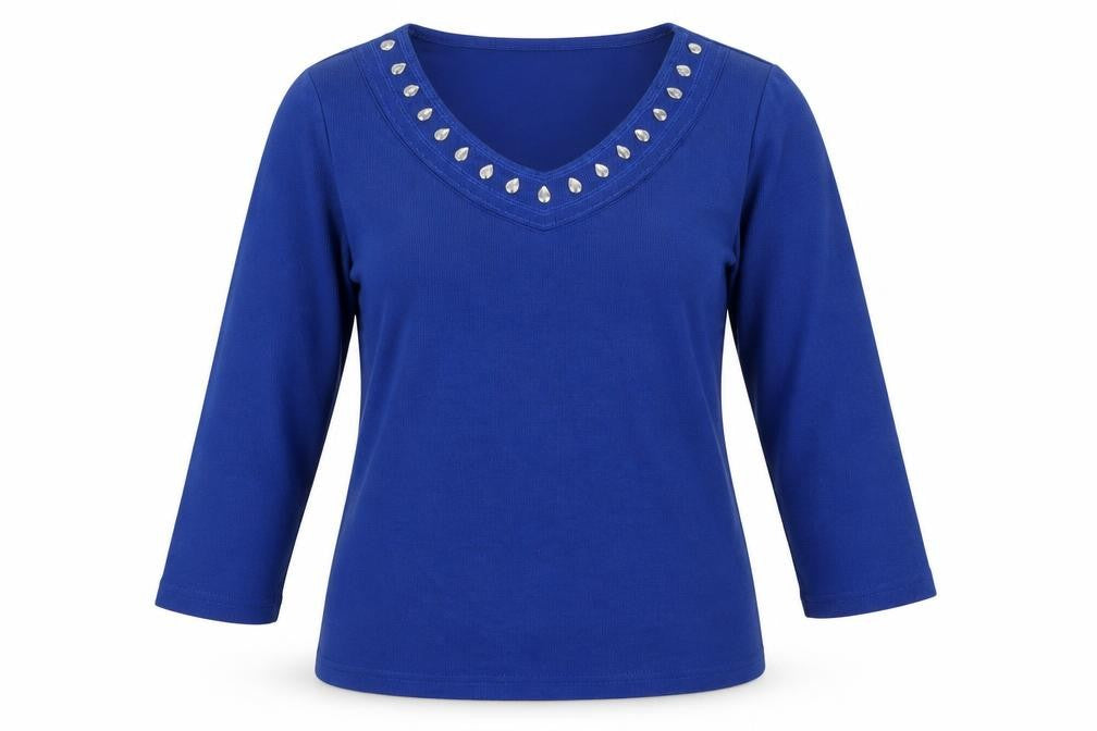 Front view of Bonmarché women’s blue fair isle polyester pullover sweatshirt, size UK 12, pullover