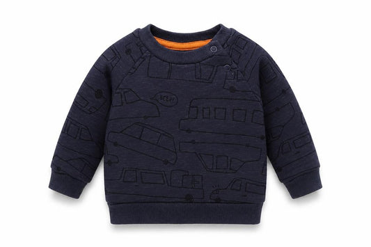Front view of Primark Baby Blue Geometric Cotton jumper, size 0-3, Months Buckle - Cars