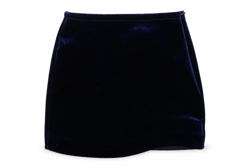 Front view of Topshop women’s blue polyester mini skirt, size UK 8