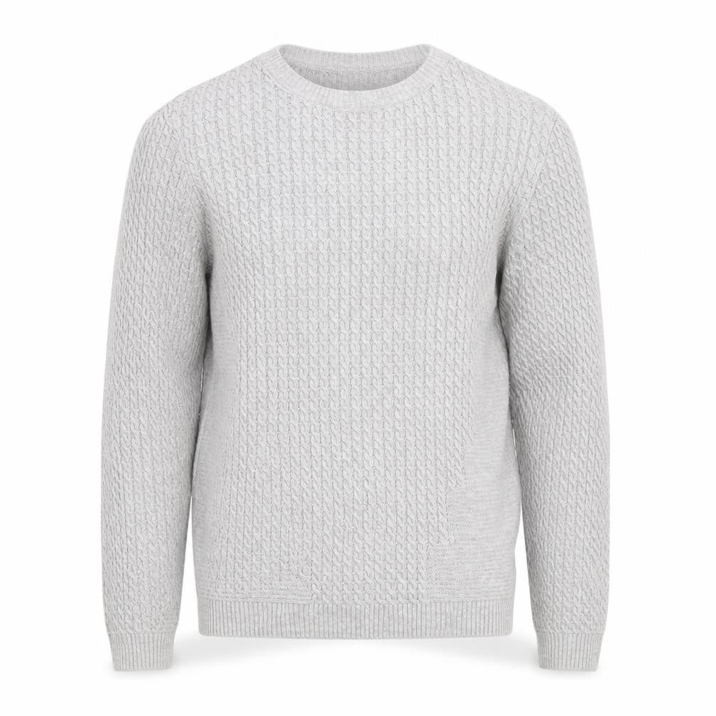 Front view of ASOS men’s grey round neck cotton jumper, size S