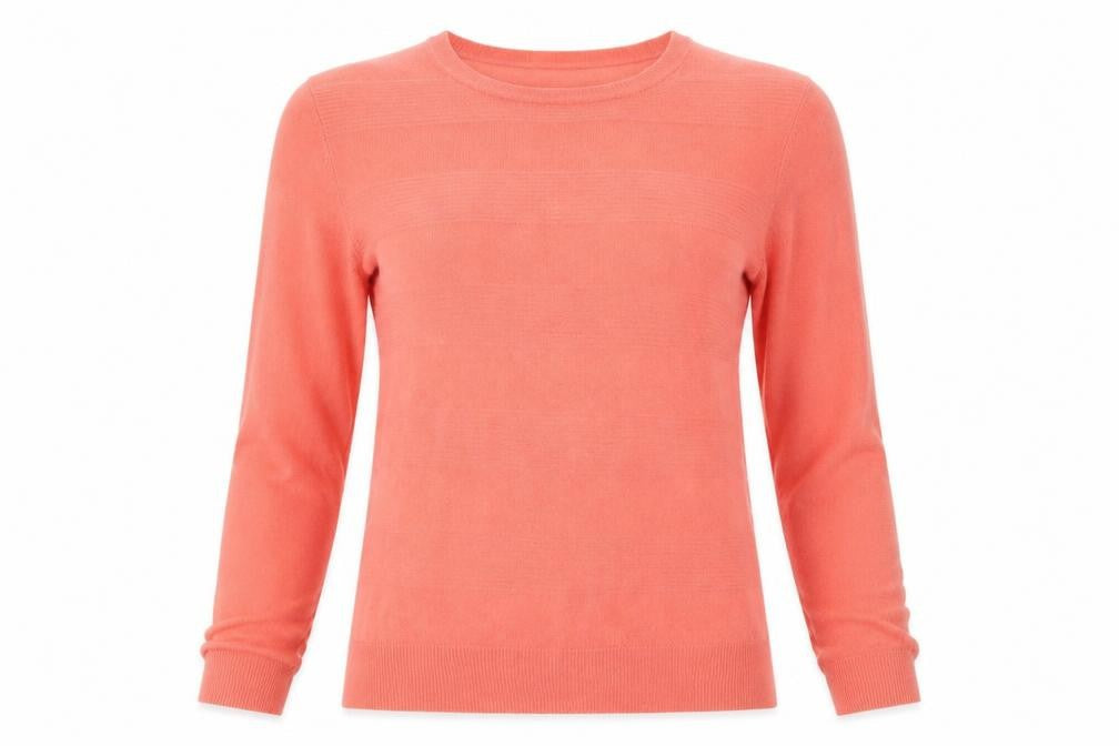 Front view of Vida Vi women’s pink crew neck acrylic jumper, size L