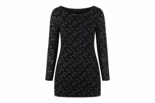 Front view of Mela Loves London women’s black floral polyester bodycon, size UK 10, round neck - lace overlay