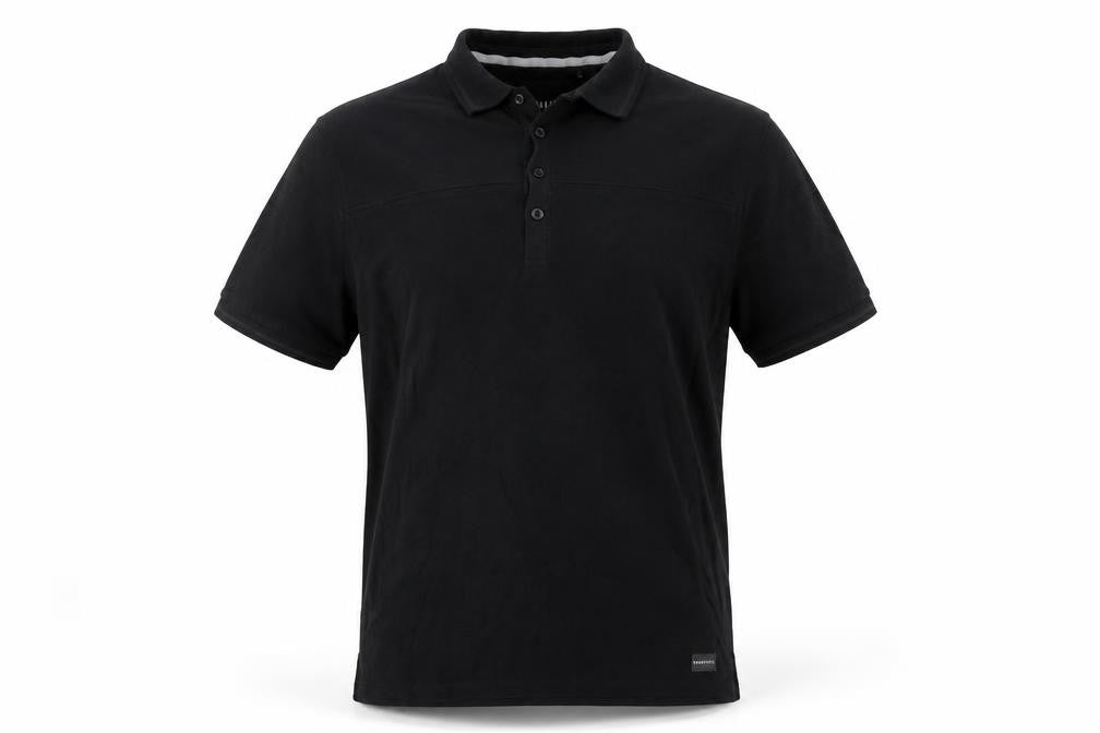 Front view of Nannystate men’s black cotton polo, size M, collared button