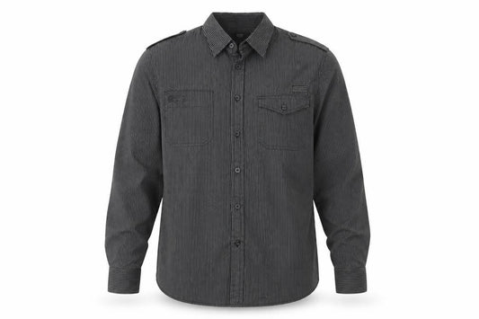 Front view of F&F men’s black striped cotton button-up, size M, collared button