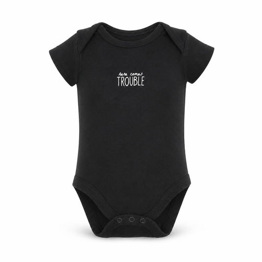 Front view of George Baby Black Cotton Romper One-Piece, size 6-9, Months Snap - Trouble