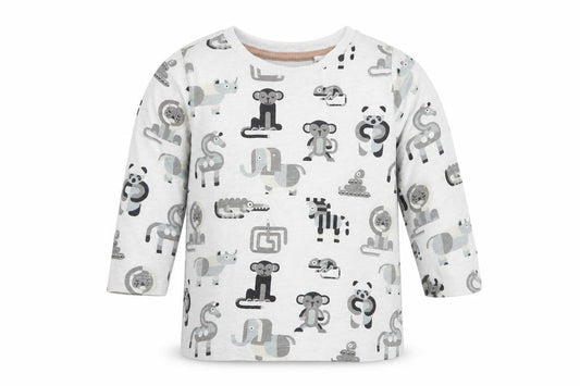 Front view of Next Baby Grey Geometric Cotton Basic Blouse, size 12-18, Months Crew Neck - Cute Animals Print