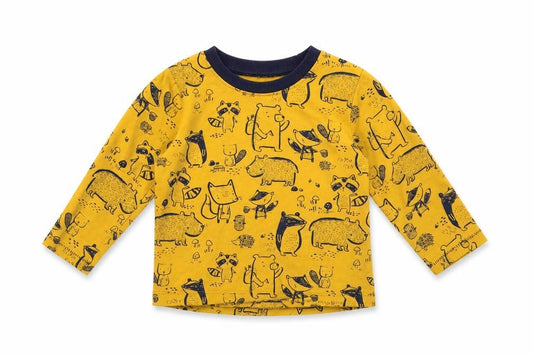 Front view of George Baby Yellow Geometric Cotton Basic Blouse, size 12-18, Months Crew Neck - Cute Animals Print
