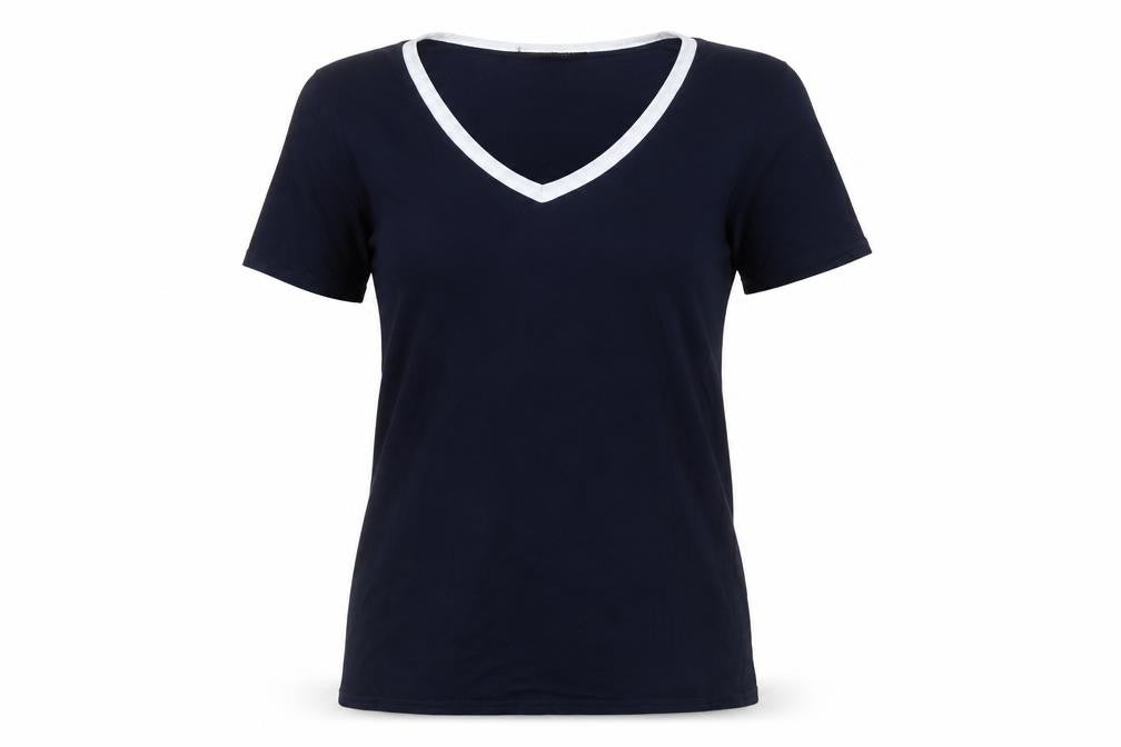 Front view of Wellworth women’s blue viscose basic t-shirt, size M, v-neck