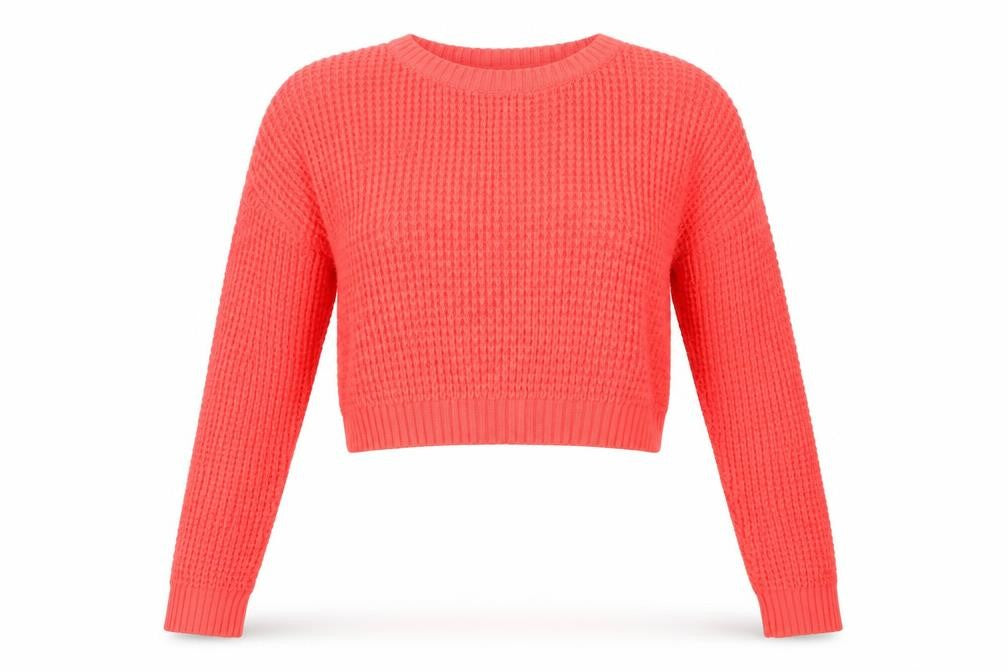 Front view of Topshop women’s pink crew neck acrylic jumper, size UK 10
