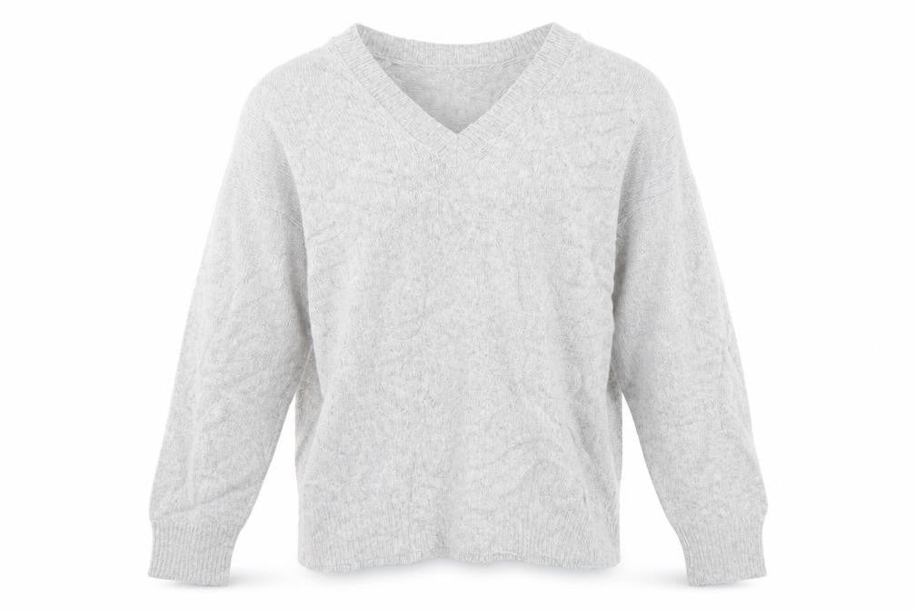 Front view of Zara women’s grey v-neck acrylic jumper, size S