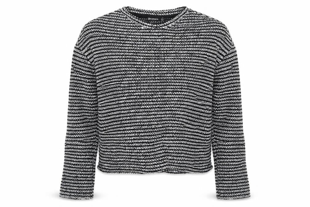 Front view of Stradivarius women’s black striped cotton pullover sweatshirt, size L, pullover