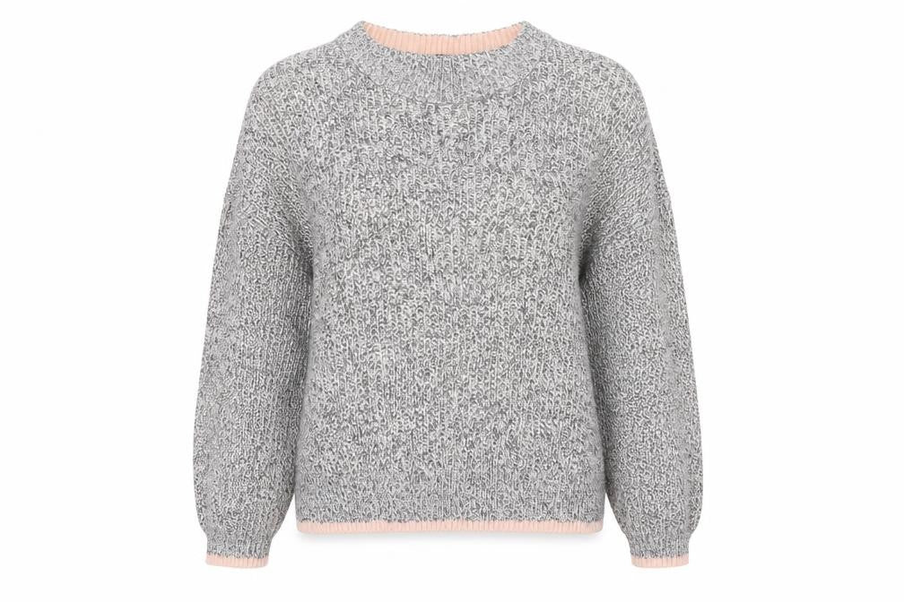 Front view of Topshop women’s grey round neck acrylic jumper, size UK 16