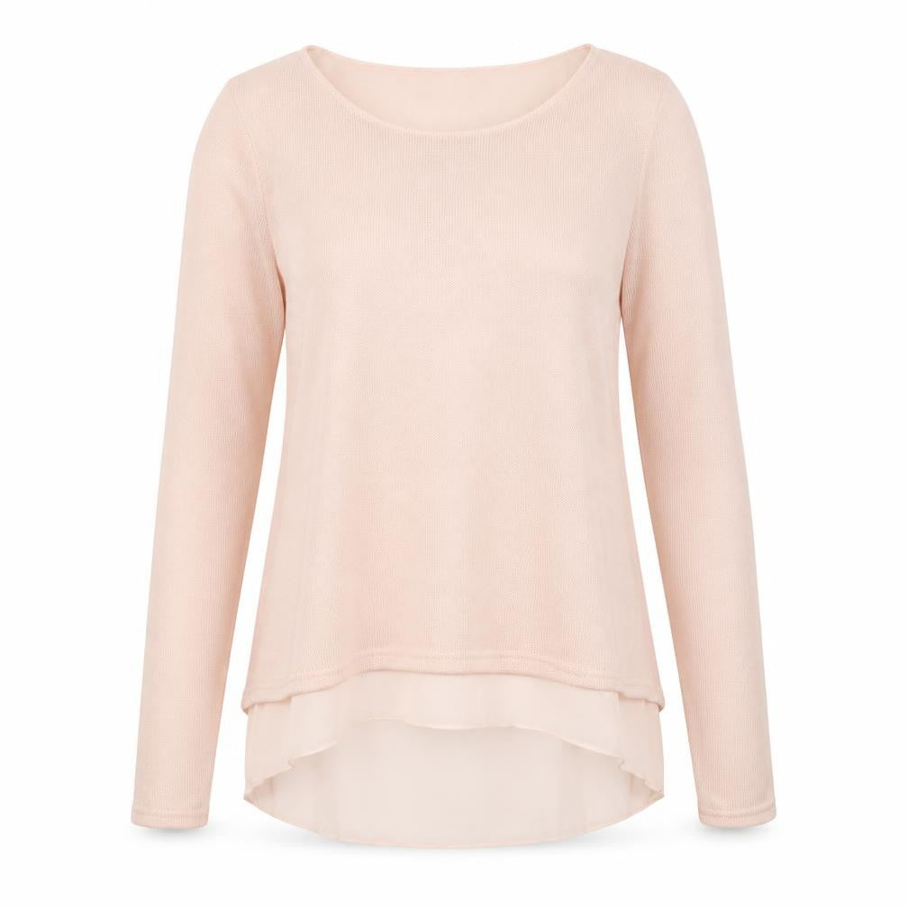Front view of New Look women’s pink round neck viscose jumper, size S