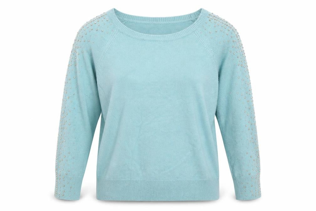 Front view of M&Co women’s blue round neck viscose jumper, size UK 14