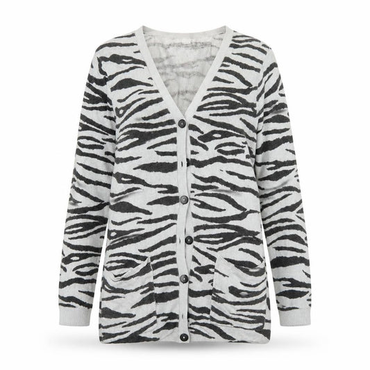 Front view of Divided women’s grey v-neck animal print viscose cardigan jumper, size UK 12