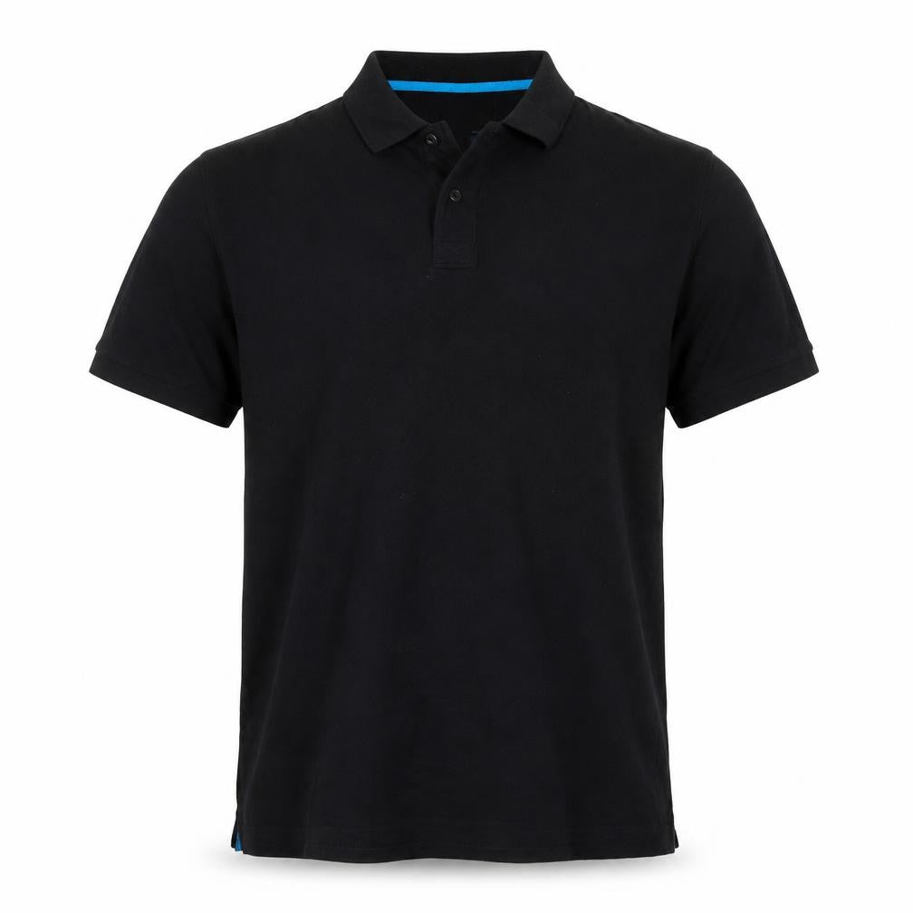 Front view of Easy men’s black cotton polo, size L, collared button