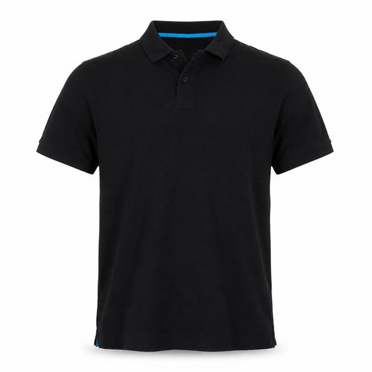 Front view of Easy men’s black cotton polo, size L, collared button