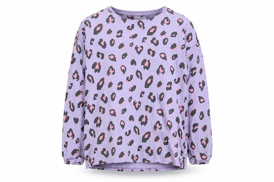 Front view of Next girls’ purple animal print cotton top pyjama top, size 11, years