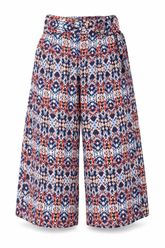 Front view of Magazine women’s blue geometric polyester cropped trousers, size S, 20-inch leg regular