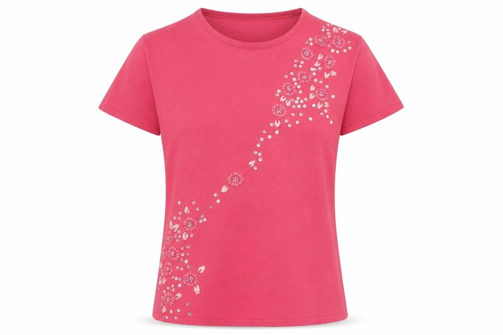 Front view of Fabrizo women’s pink floral acrylic pullover sweatshirt, size L, pullover