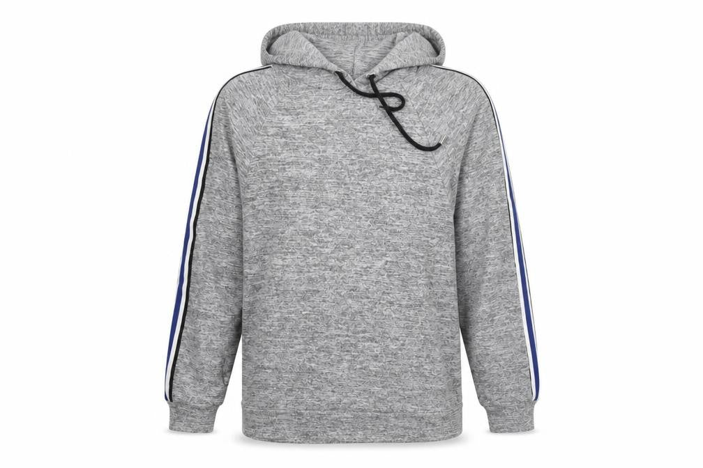 Front view of F&F women’s grey striped polyester pullover hoodie, size UK 8, pullover