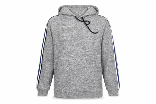 Front view of F&F women’s grey striped polyester pullover hoodie, size UK 8, pullover