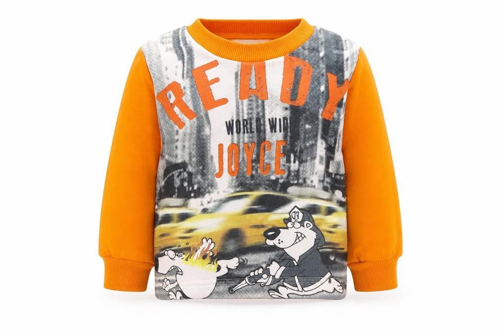 Front view of Joyce boys’ orange cotton jumper, size 6-9, months pullover
