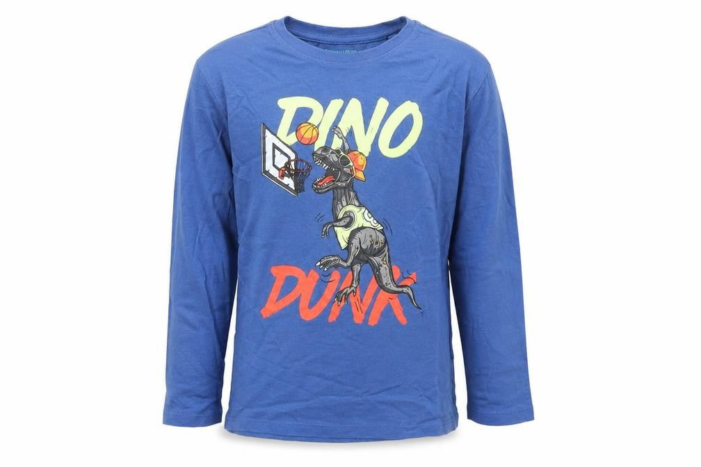 Front view of pimark boys’ blue cotton basic casual, size 7-8, years crew neck pullover - dino dunk