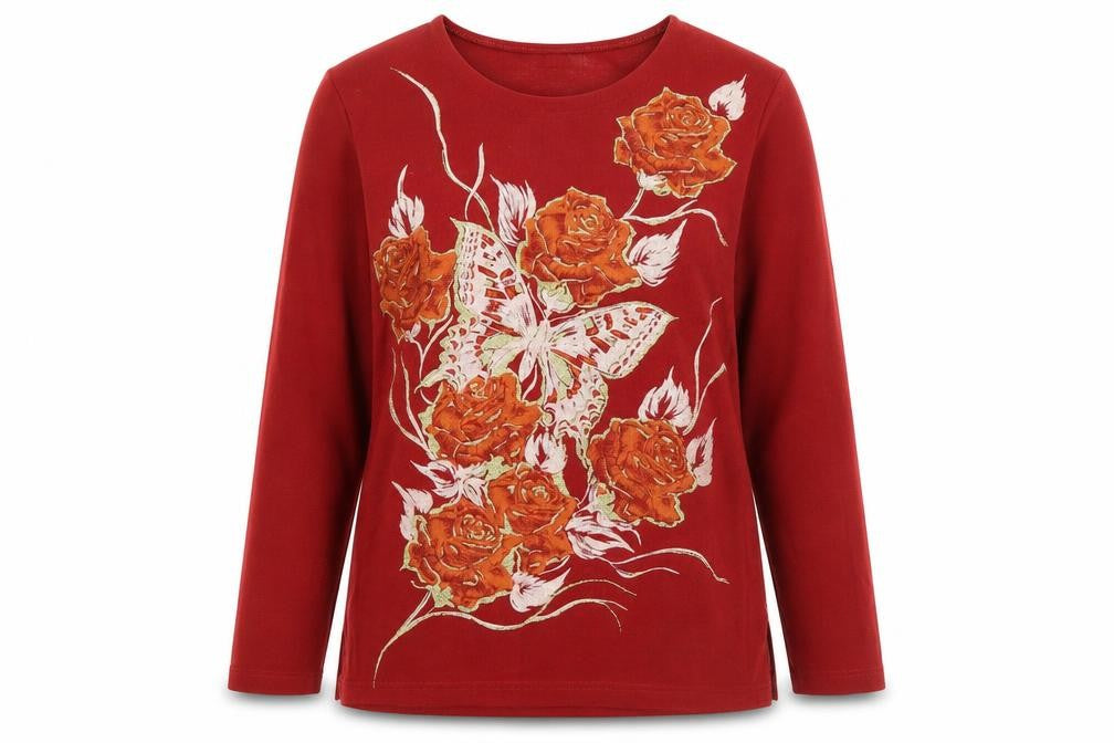 Edamee Womens Red Round Neck  Acrylic Pullover Jumper Size 14   - Butterfly