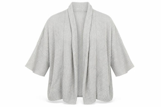 Front view of Pep&Co women’s grey v-neck acrylic cardigan jumper, size UK 8