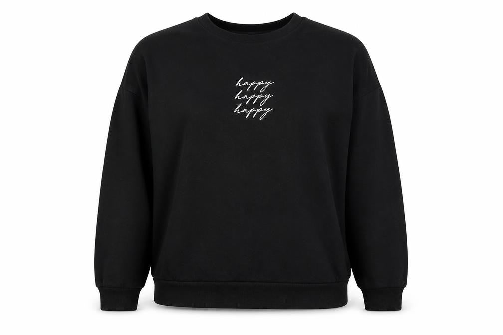 Front view of New Look women’s black cotton pullover sweatshirt, size S, pullover - happy