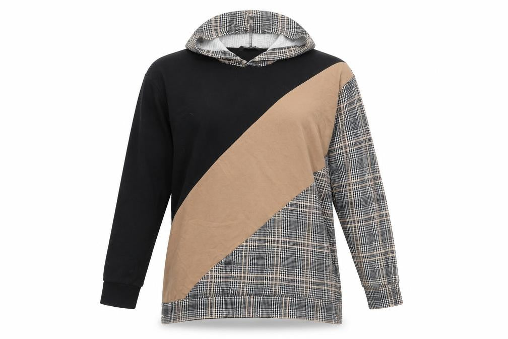 Front view of Select women’s black plaid cotton pullover hoodie, size UK 10, pullover