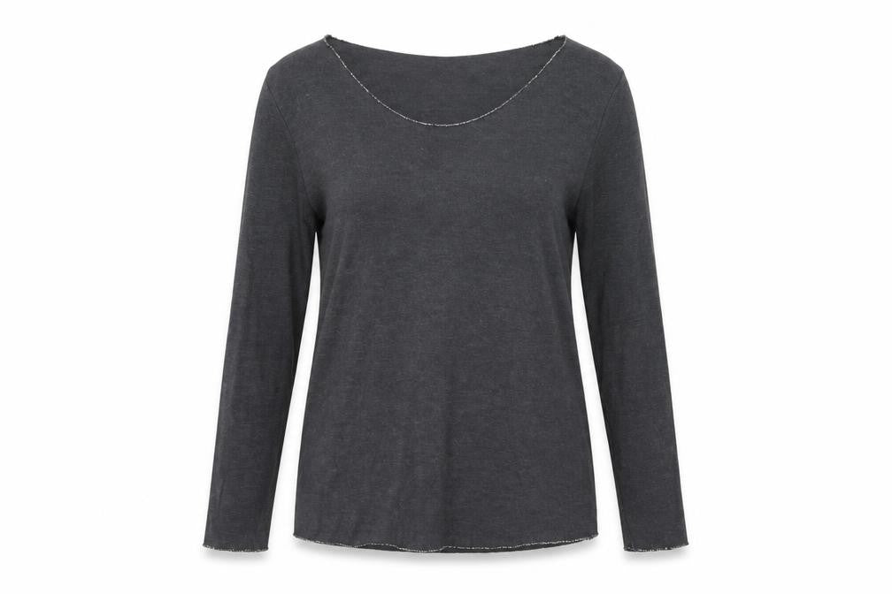 Front view of Preworn women’s grey round neck viscose jumper, size L, - wings
