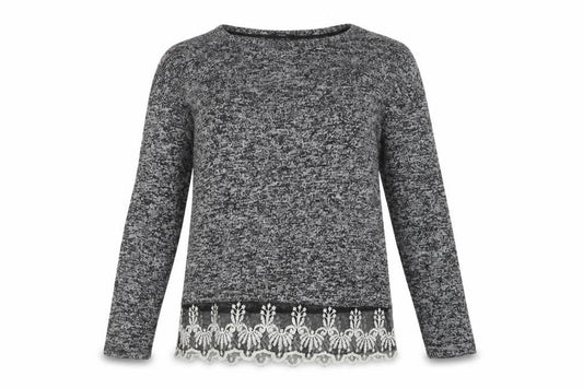 Front view of Next women’s grey polyester basic blouse, size UK 8, crew neck - lace detail