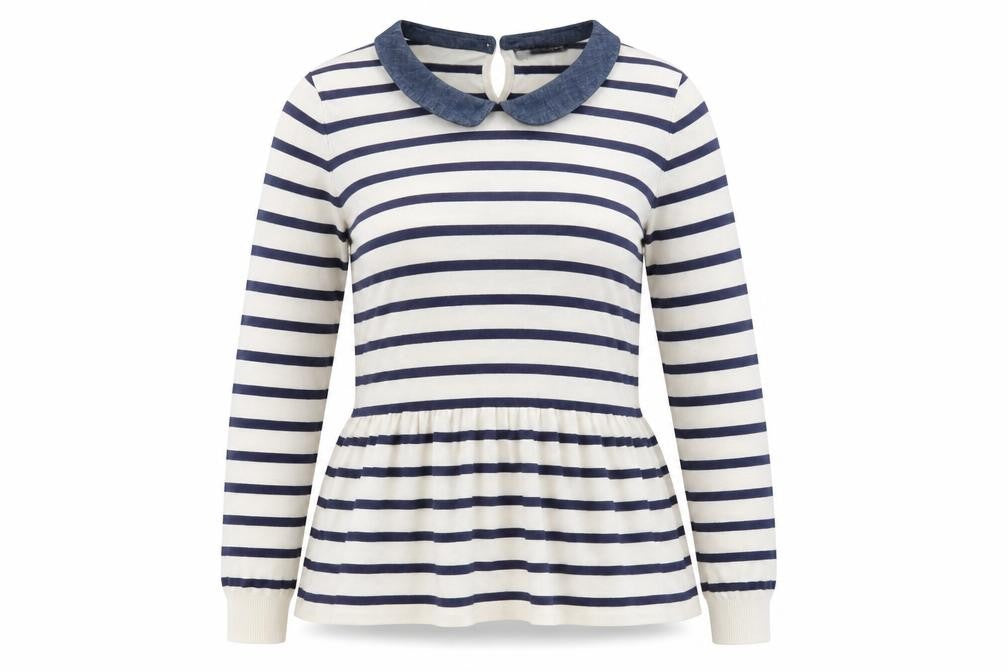 Front view of Marks & Spencer women’s white collared striped viscose jumper, size UK 16
