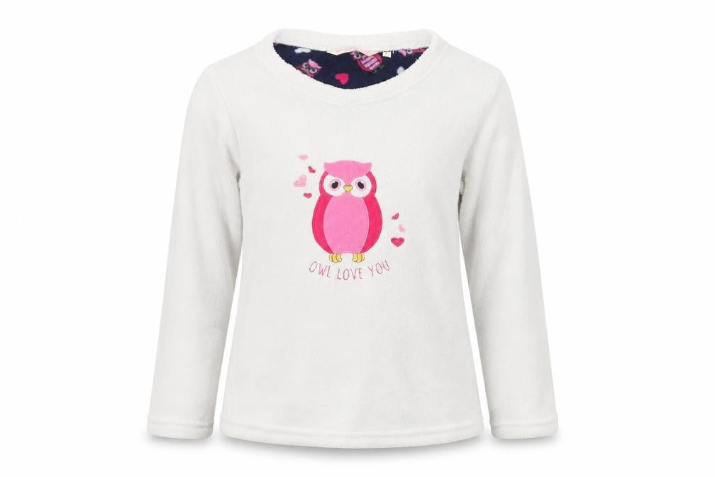 Front view of Forever Dreaming women’s white polyester top pyjama top, size M, - owl
