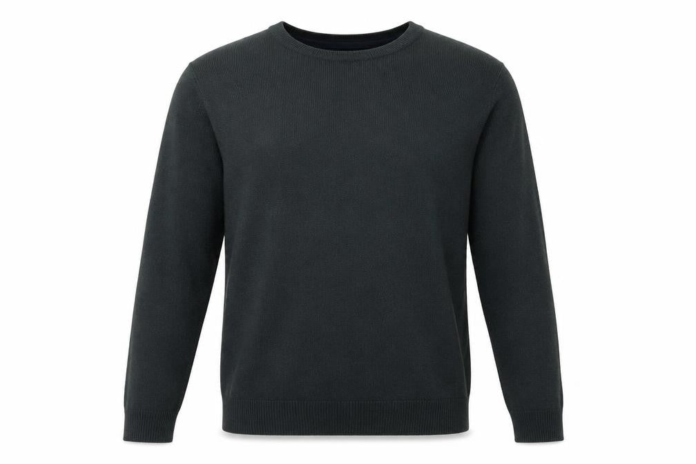 Front view of Matalan men’s green crew neck acrylic jumper, size M