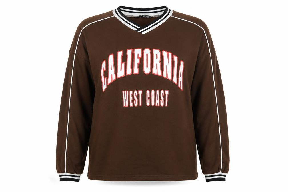 Front view of SHEIN women’s brown polyester pullover sweatshirt, size S, pullover - california west coast